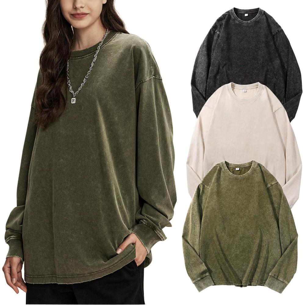 Arssm Oversized T-Shirts for Women Cotton Long Sleeve Vintage Acid Wash Baggy T Shirts(Black+beige+army)