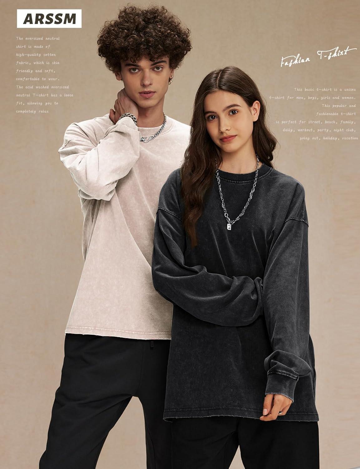 Arssm Oversized T-Shirts for Women Cotton Long Sleeve Vintage Acid Wash Baggy T Shirts(Black+beige+army)