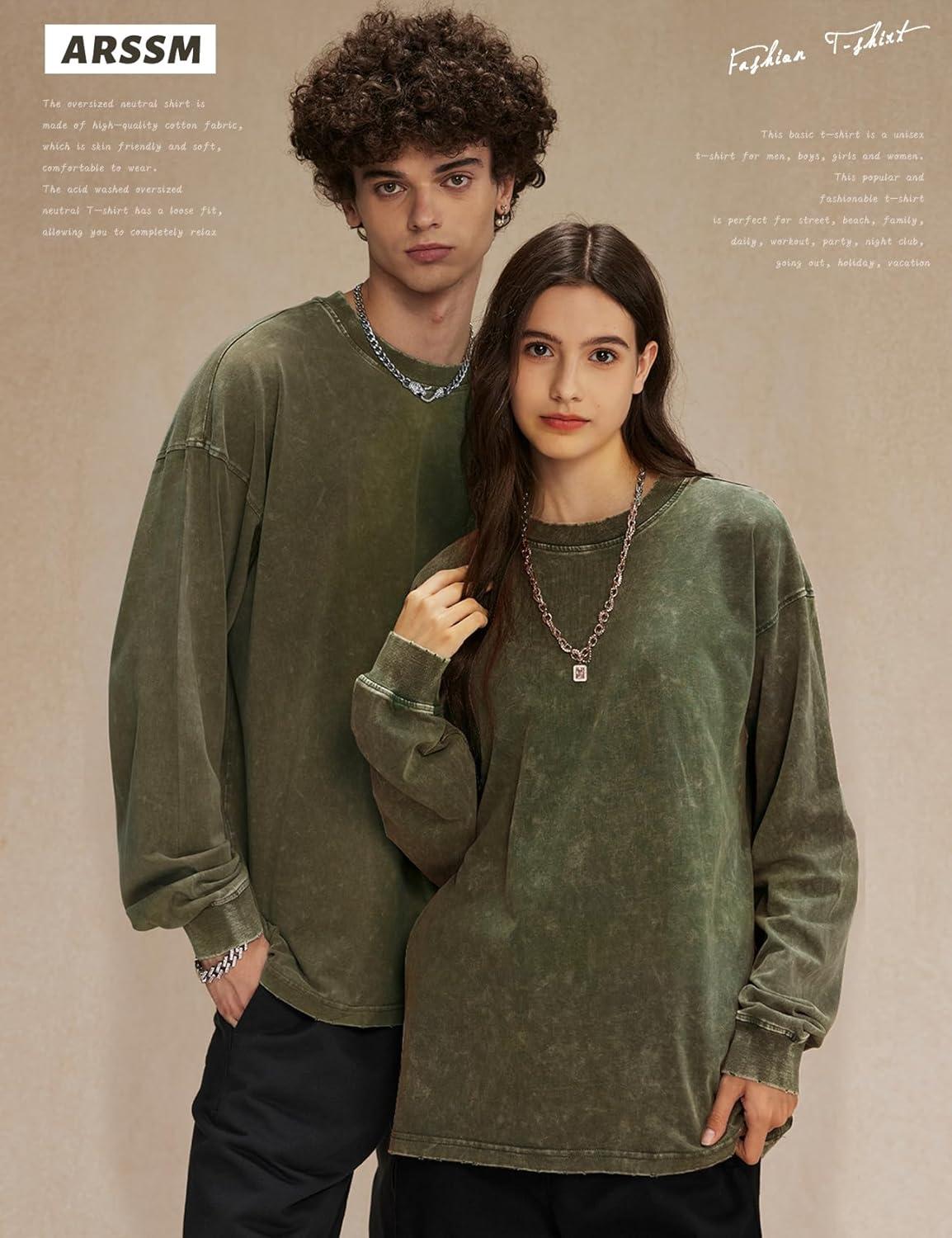 Arssm Oversized T-Shirts for Women Cotton Long Sleeve Vintage Acid Wash Baggy T Shirts(Black+beige+army)