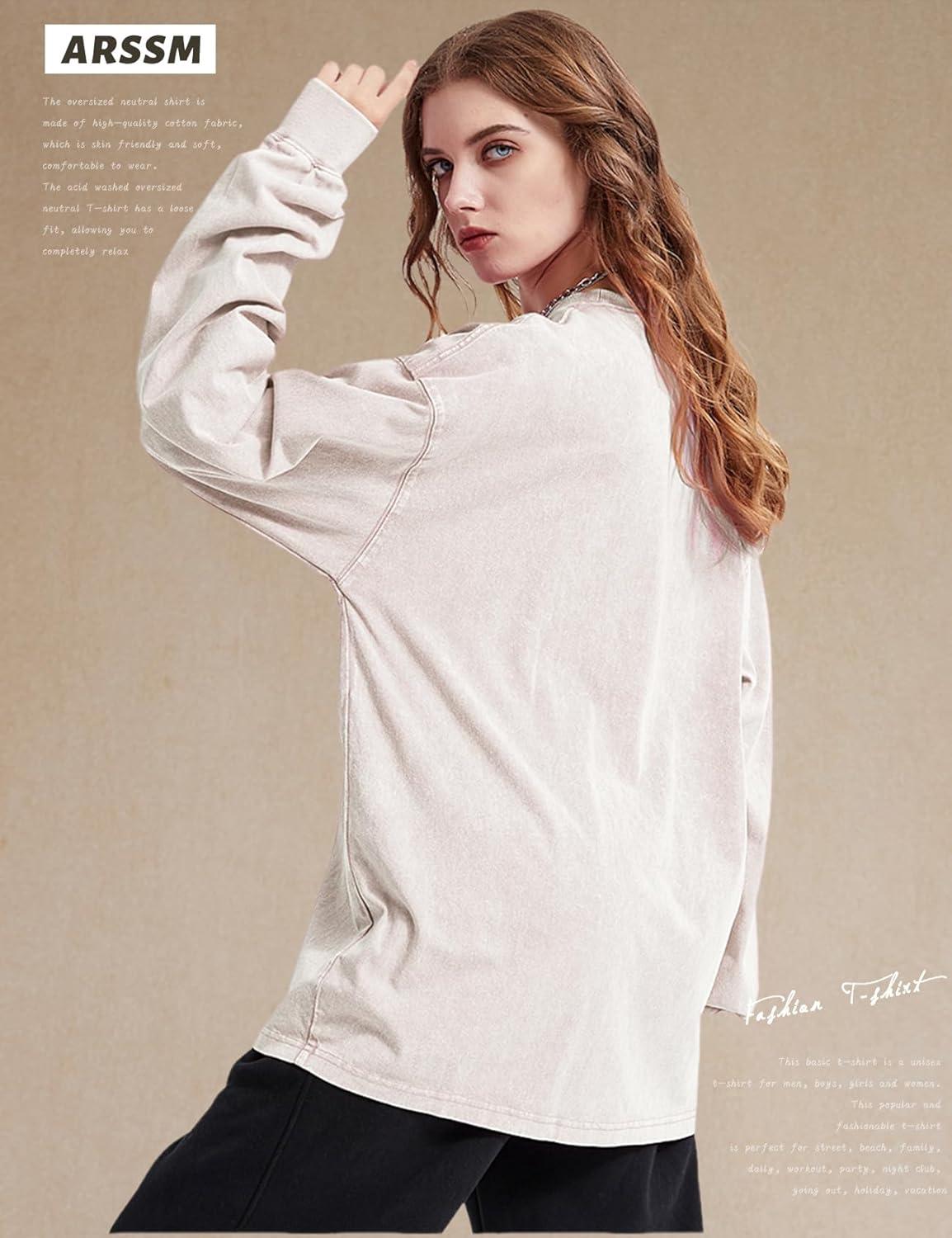 Arssm Oversized T-Shirts for Women Cotton Long Sleeve Vintage Acid Wash Baggy T Shirts(Black+beige+army)