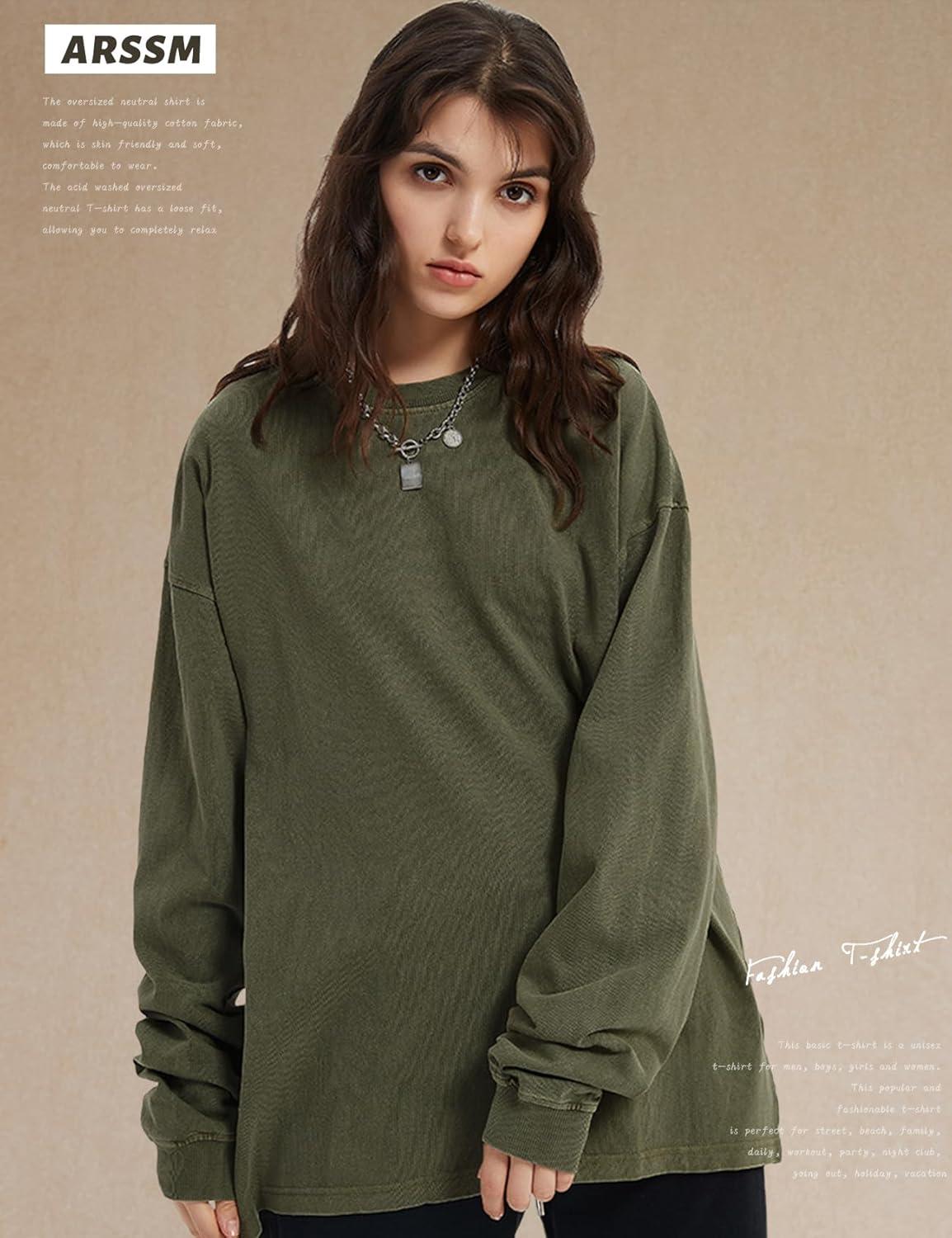 Arssm Oversized T-Shirts for Women Cotton Long Sleeve Vintage Acid Wash Baggy T Shirts(Black+beige+army)