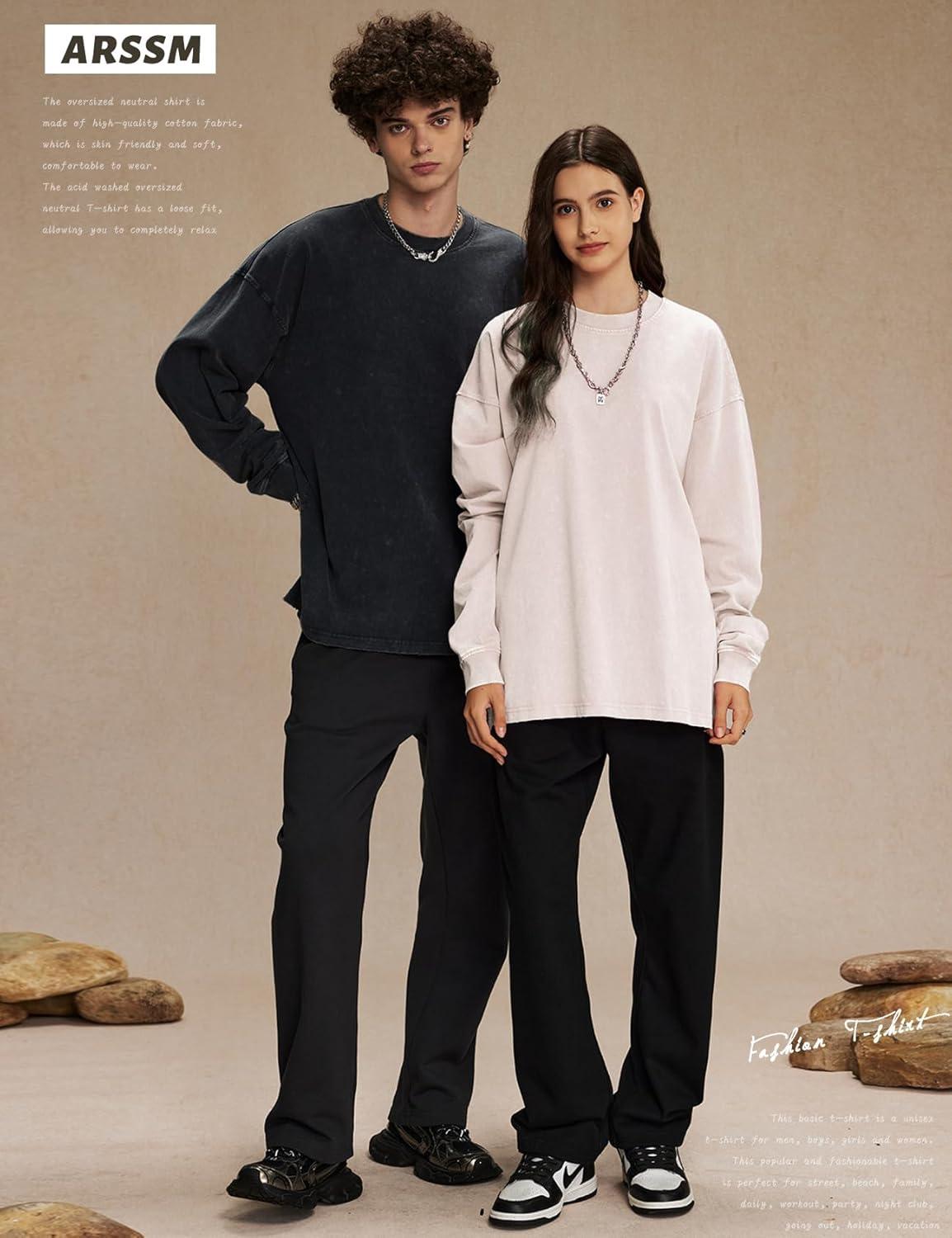 Arssm Oversized T-Shirts for Women Cotton Long Sleeve Vintage Acid Wash Baggy T Shirts(Black+beige+army)