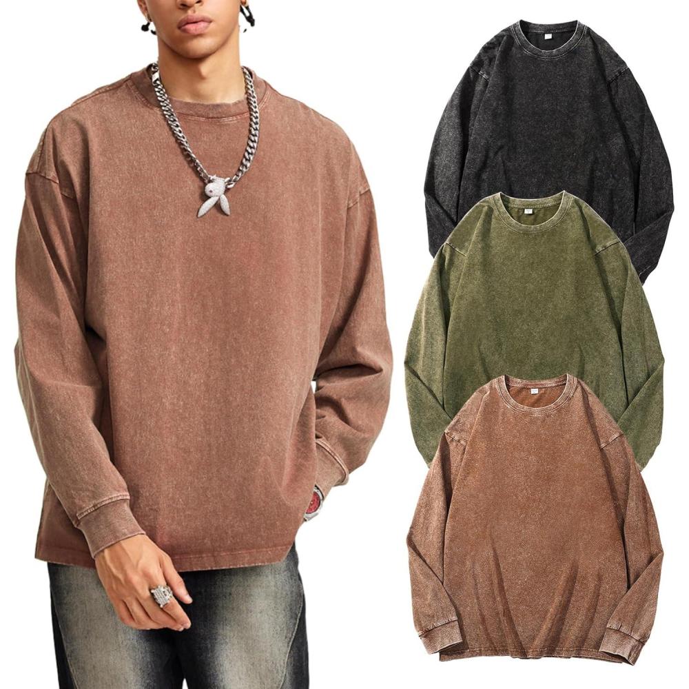 Arssm Mens Oversized T-Shirts Cotton Long Sleeve Tshirts Vintage Acid Wash Baggy Tees(Black+khaki+army)