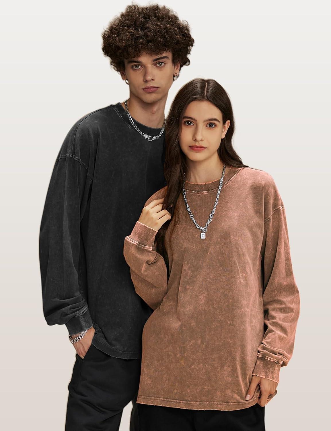 Arssm Mens Oversized T-Shirts Cotton Long Sleeve Tshirts Vintage Acid Wash Baggy Tees(Black+khaki+army)