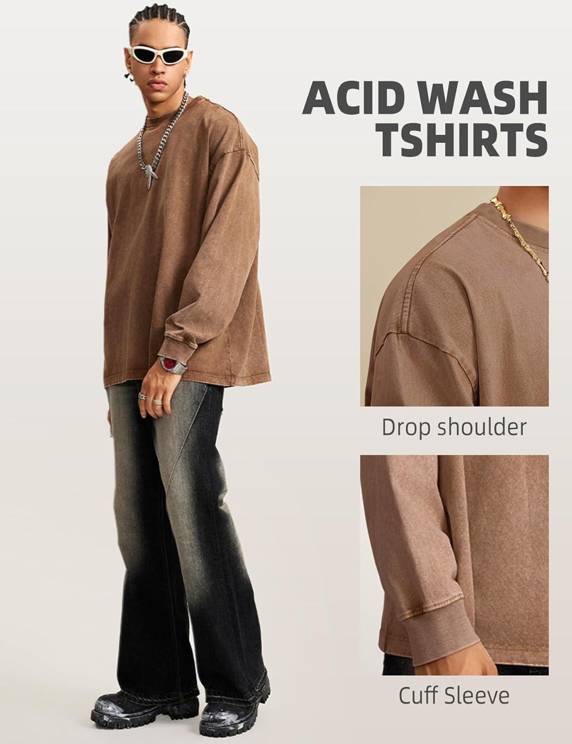 Arssm Mens Oversized T-Shirts Cotton Long Sleeve Tshirts Vintage Acid Wash Baggy Tees(Black+khaki+army)