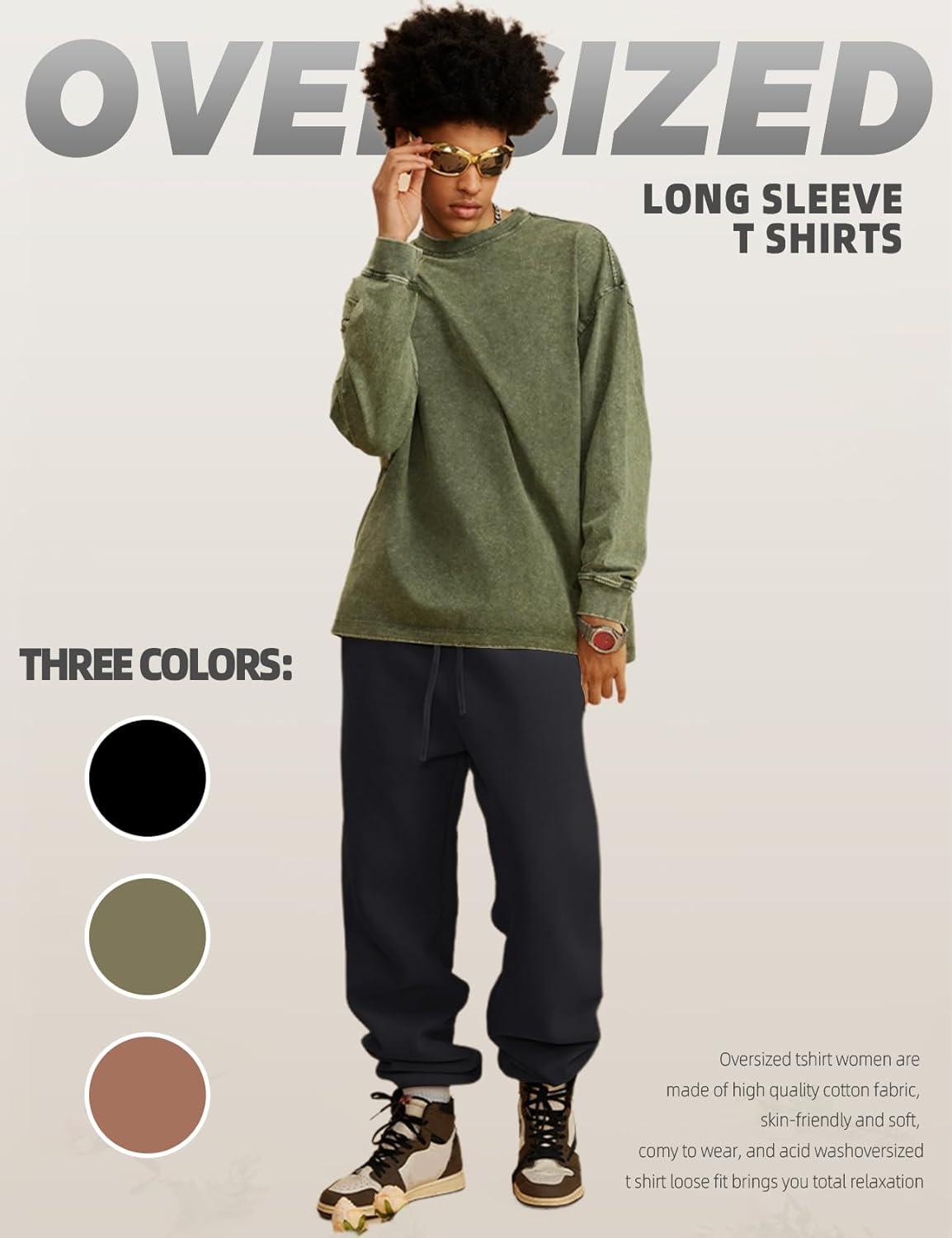 Arssm Mens Oversized T-Shirts Cotton Long Sleeve Tshirts Vintage Acid Wash Baggy Tees(Black+khaki+army)