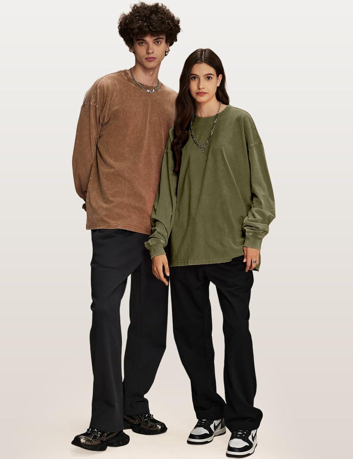 Arssm Mens Oversized T-Shirts Cotton Long Sleeve Tshirts Vintage Acid Wash Baggy Tees(Black+khaki+army)