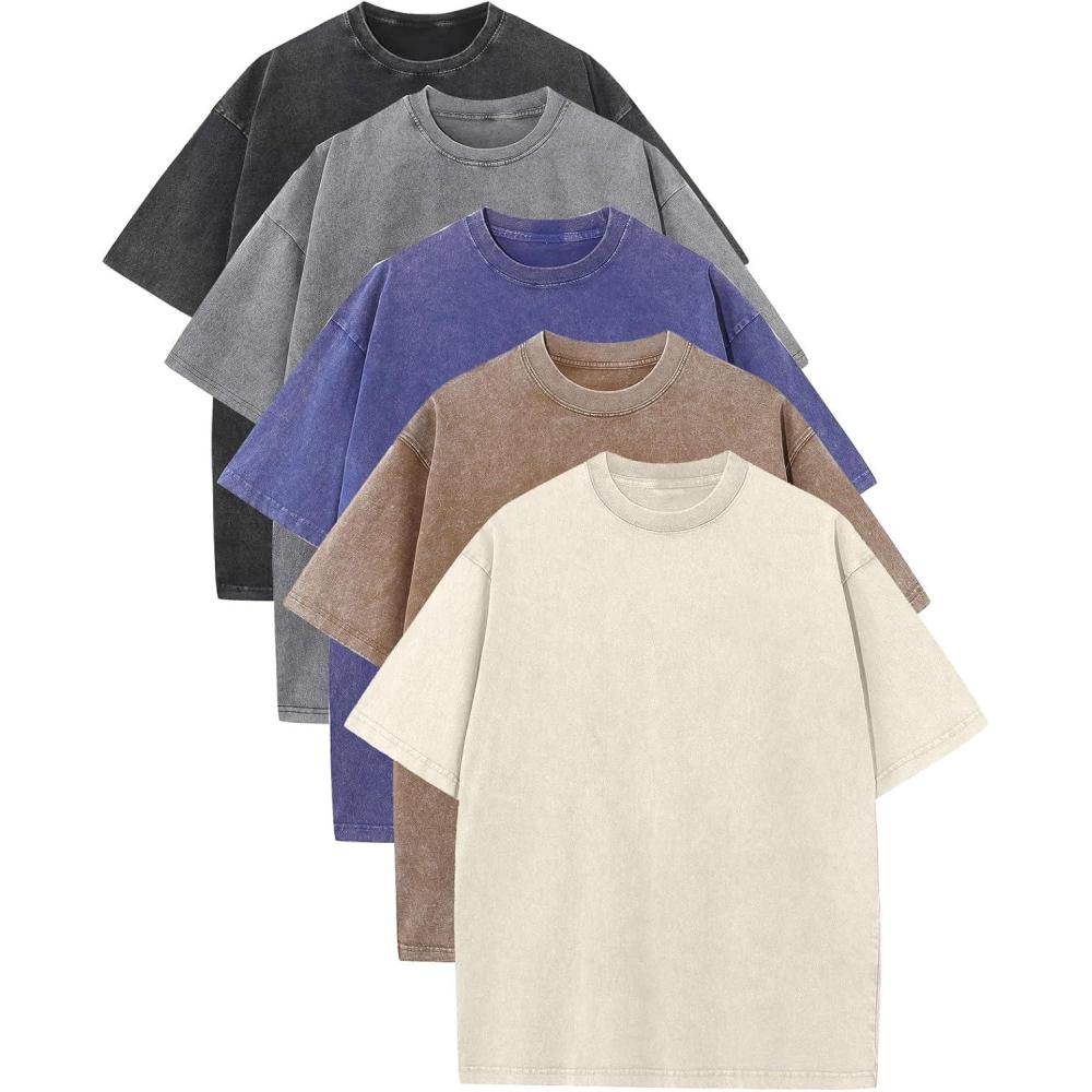 Arssm Mens Oversized T Shirts Cotton Acid Wash Baggy Tees Loose Fit Vintage Heavyweight T-Shirts(Black+grey+khaki+beige+blue)