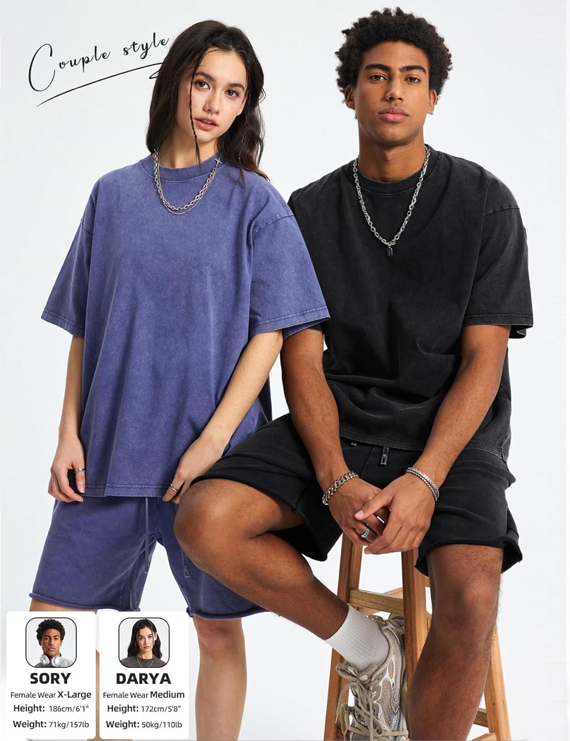 Arssm Mens Oversized T Shirts Cotton Acid Wash Baggy Tees Loose Fit Vintage Heavyweight T-Shirts(Black+grey+khaki+beige+blue)
