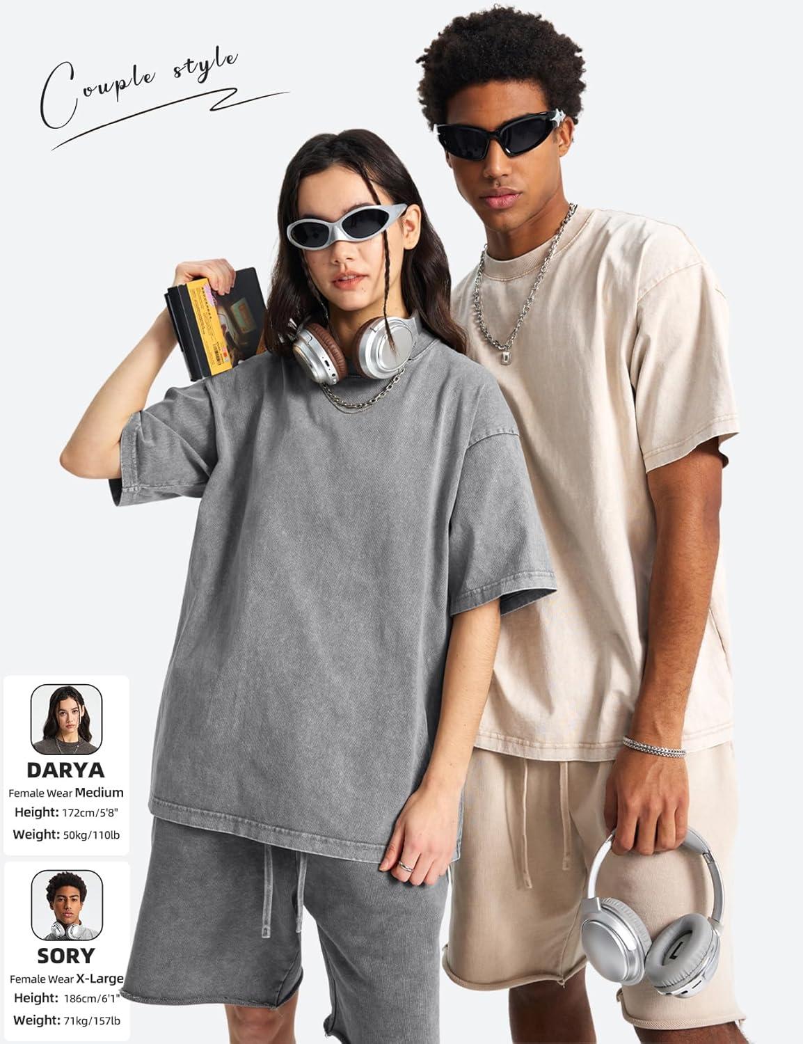 Arssm Mens Oversized T Shirts Cotton Acid Wash Baggy Tees Loose Fit Vintage Heavyweight T-Shirts(Black+grey+khaki+beige+blue)