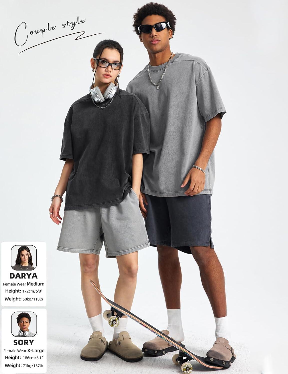 Arssm Mens Oversized T Shirts Cotton Acid Wash Baggy Tees Loose Fit Vintage Heavyweight T-Shirts(Black+grey+khaki+beige+blue)