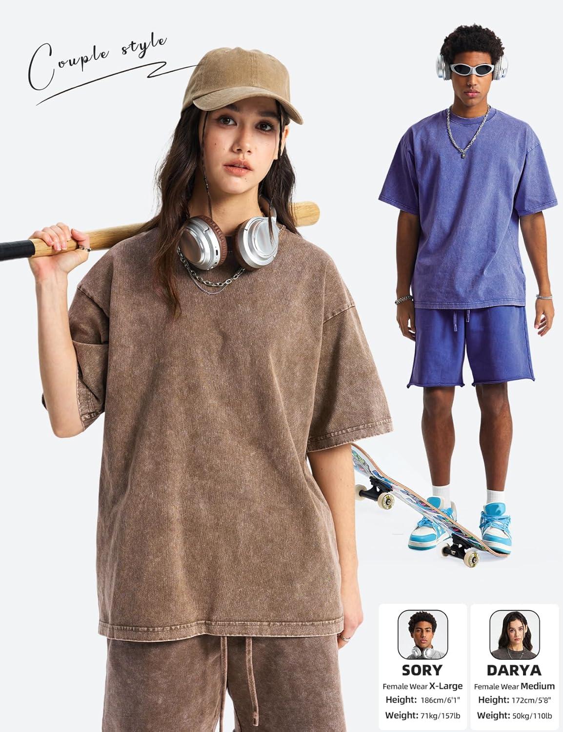 Arssm Mens Oversized T Shirts Cotton Acid Wash Baggy Tees Loose Fit Vintage Heavyweight T-Shirts(Black+grey+khaki+beige+blue)