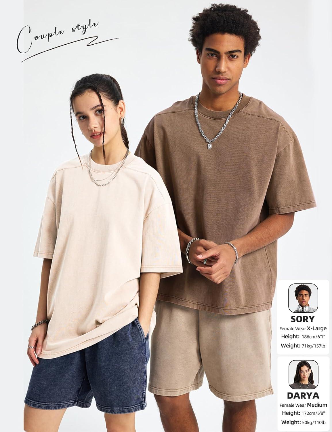 Arssm Mens Oversized T Shirts Cotton Acid Wash Baggy Tees Loose Fit Vintage Heavyweight T-Shirts(Black+grey+khaki+beige+blue)