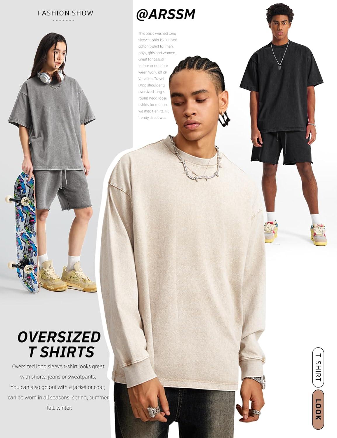Arssm Mens Oversized T Shirts Cotton Acid Wash T-Shirts Baggy Vintage Tees Loose Fit Heavyweight Streetwear Tops(Black+grey-beige)