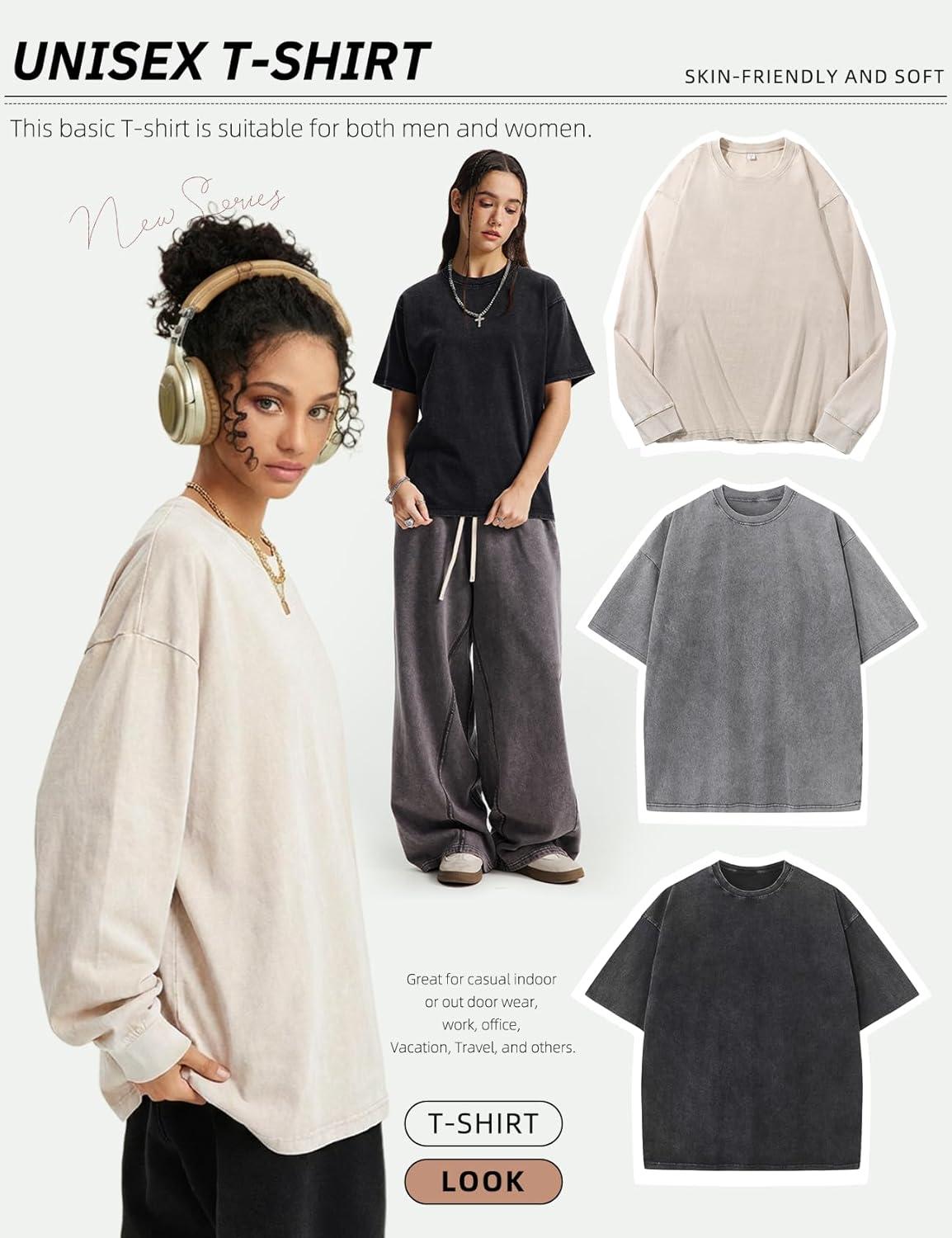 Arssm Mens Oversized T Shirts Cotton Acid Wash T-Shirts Baggy Vintage Tees Loose Fit Heavyweight Streetwear Tops(Black+grey-beige)