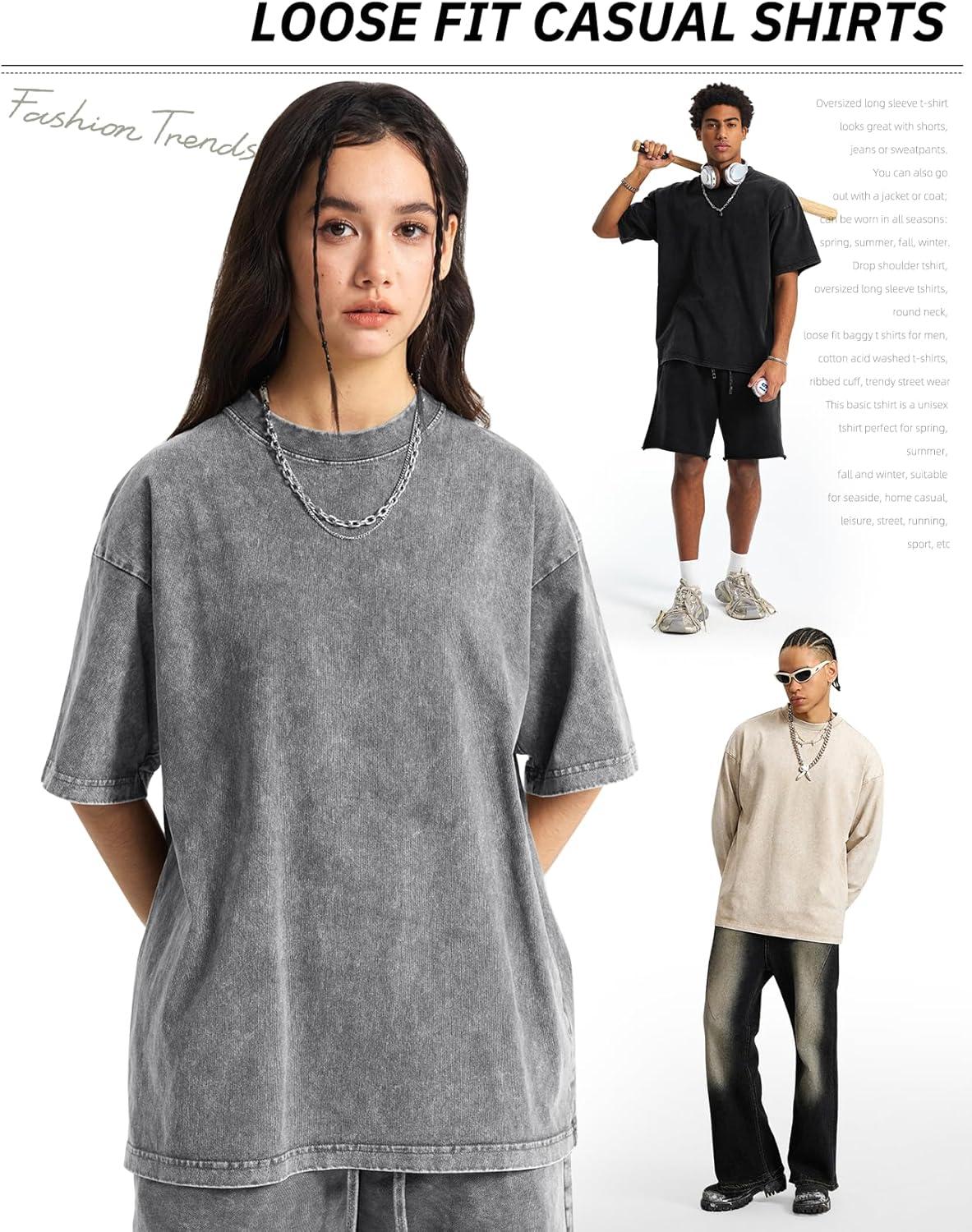 Arssm Mens Oversized T Shirts Cotton Acid Wash T-Shirts Baggy Vintage Tees Loose Fit Heavyweight Streetwear Tops(Black+grey-beige)