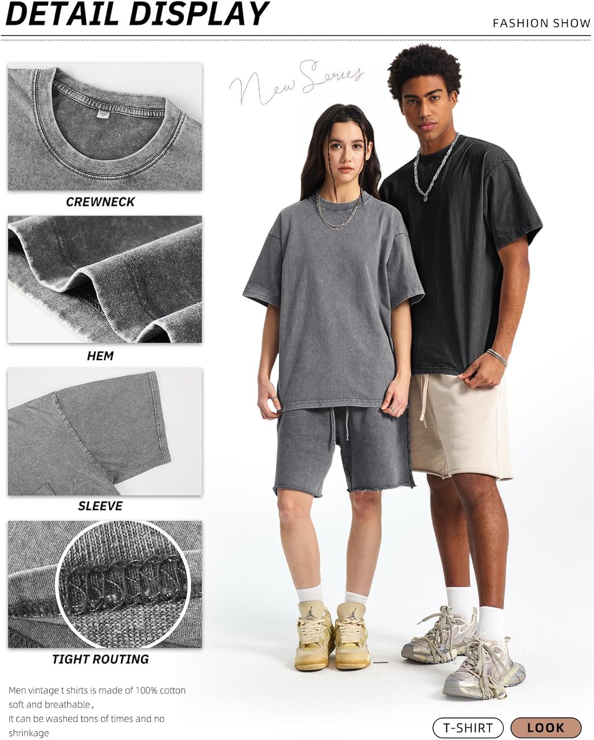 Arssm Mens Oversized T Shirts Cotton Acid Wash T-Shirts Baggy Vintage Tees Loose Fit Heavyweight Streetwear Tops(Black+grey-beige)
