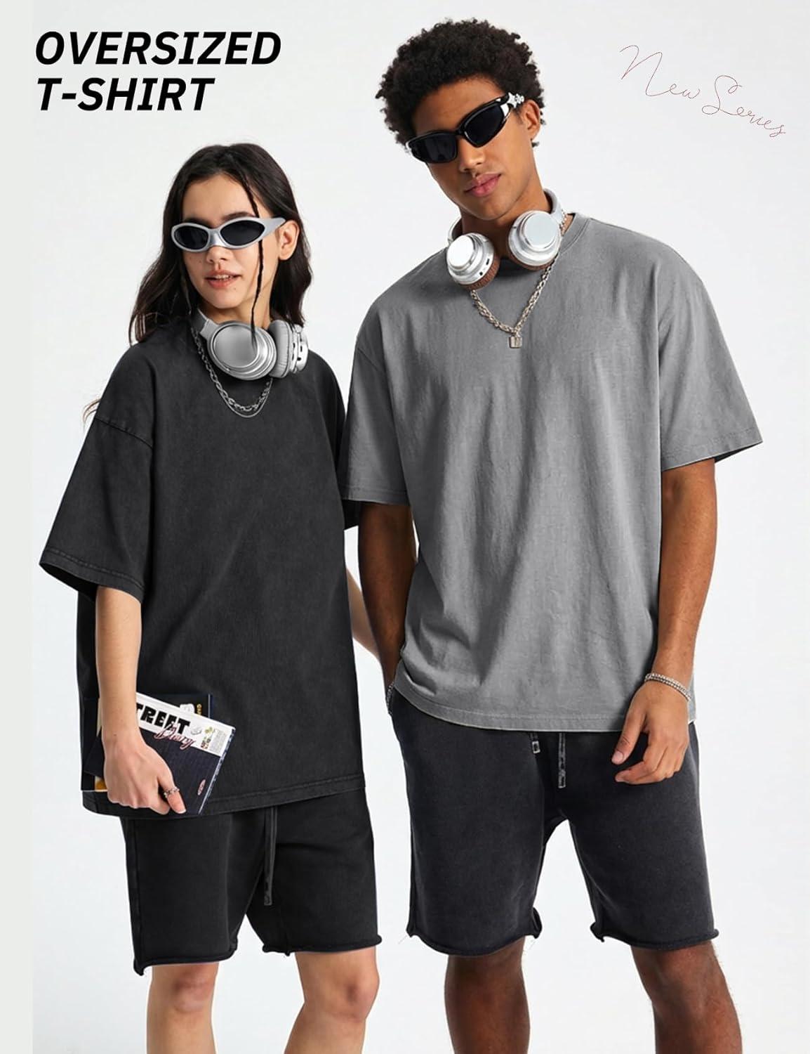 Arssm Mens Oversized T Shirts Cotton Acid Wash T-Shirts Baggy Vintage Tees Loose Fit Heavyweight Streetwear Tops(Black+grey-beige)