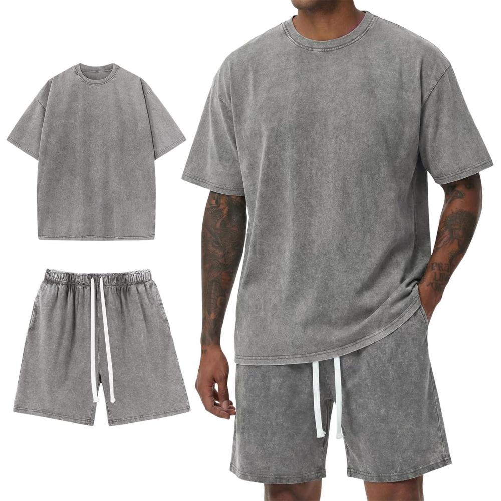 Arssm Mens Short Sets Outfits 2 Piece Summer Outfits Oversized T-Shirt Shorts Set Acid Wash Short Sleeve Tracksuit(Grey)