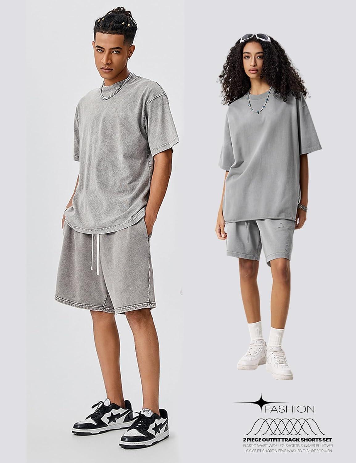 Arssm Mens Short Sets Outfits 2 Piece Summer Outfits Oversized T-Shirt Shorts Set Acid Wash Short Sleeve Tracksuit(Grey)