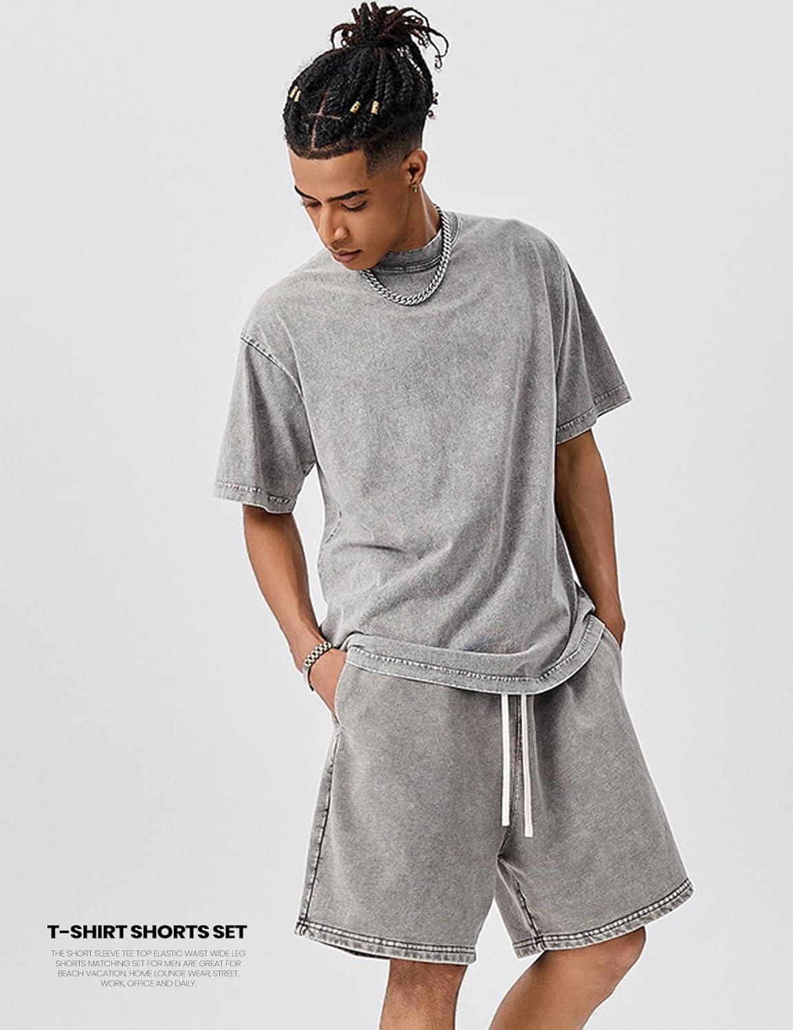 Arssm Mens Short Sets Outfits 2 Piece Summer Outfits Oversized T-Shirt Shorts Set Acid Wash Short Sleeve Tracksuit(Grey)