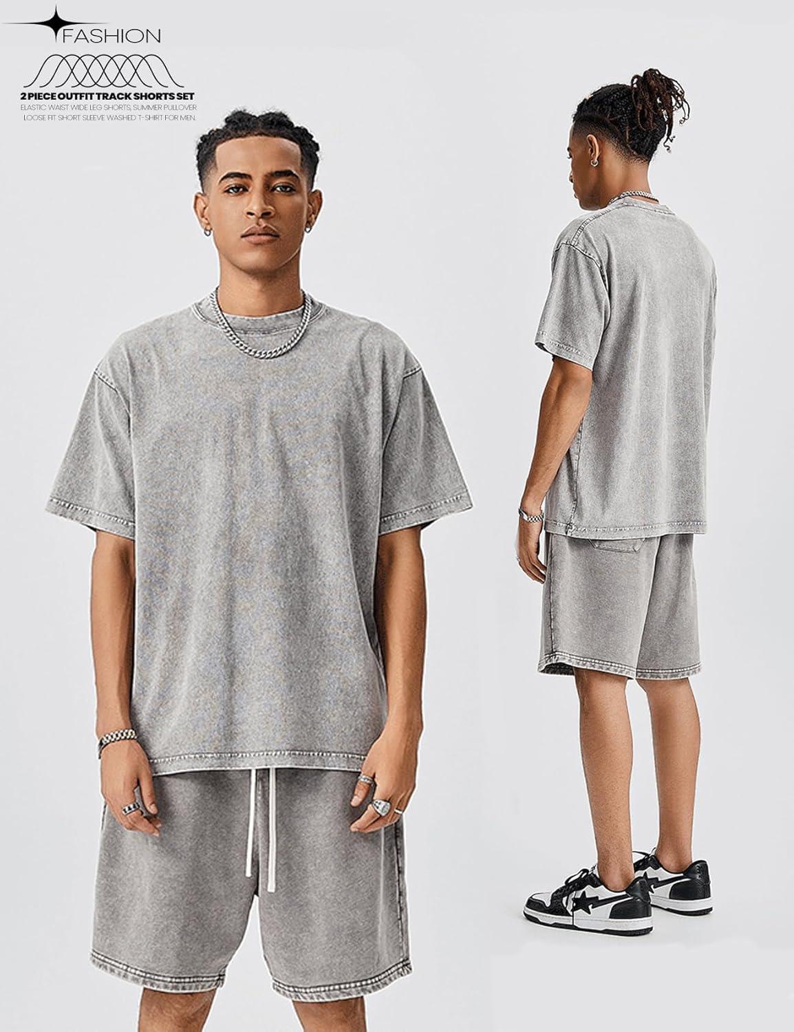 Arssm Mens Short Sets Outfits 2 Piece Summer Outfits Oversized T-Shirt Shorts Set Acid Wash Short Sleeve Tracksuit(Grey)