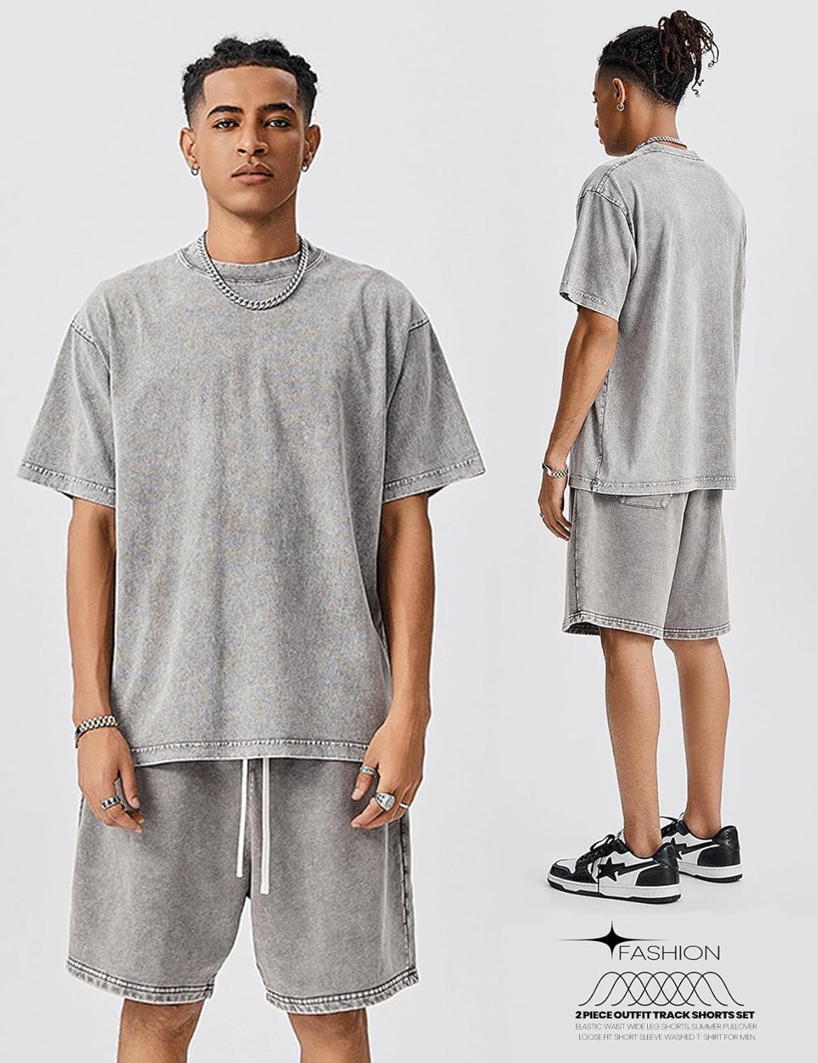 Arssm Mens Short Sets Outfits 2 Piece Summer Outfits Oversized T-Shirt Shorts Set Acid Wash Short Sleeve Tracksuit(Grey)