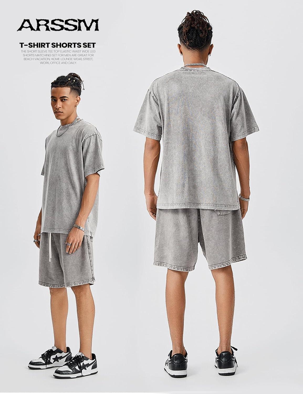Arssm Mens Short Sets Outfits 2 Piece Summer Outfits Oversized T-Shirt Shorts Set Acid Wash Short Sleeve Tracksuit(Grey)