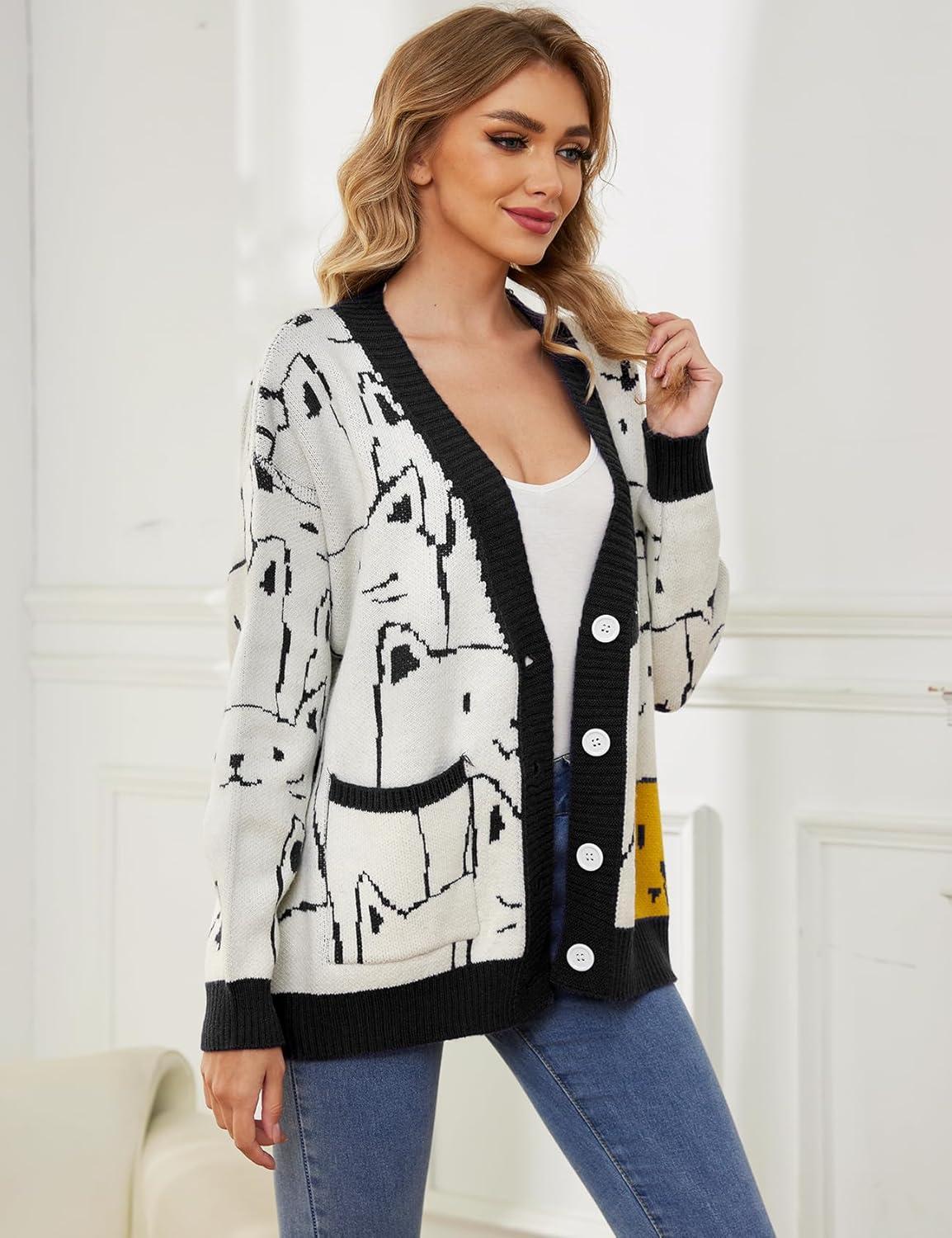 Arssm Cat Sweater for Women Oversized Button Down V Neck Knit Cardigan Cute Kawaii Cartoon Print Sweater Fall Clothes(Black)