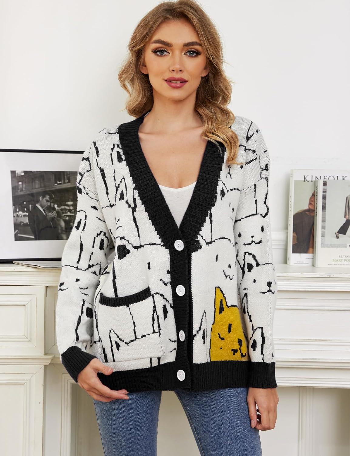 Arssm Cat Sweater for Women Oversized Button Down V Neck Knit Cardigan Cute Kawaii Cartoon Print Sweater Fall Clothes(Black)