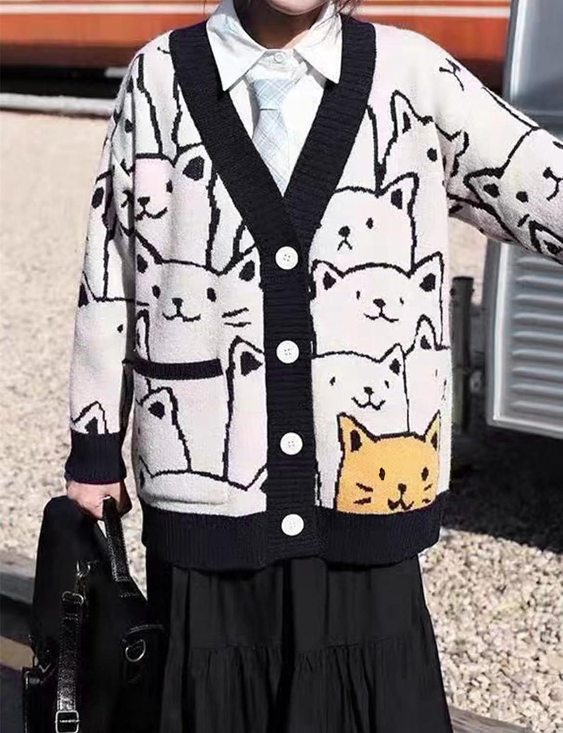 Arssm Cat Sweater for Women Oversized Button Down V Neck Knit Cardigan Cute Kawaii Cartoon Print Sweater Fall Clothes(Black)