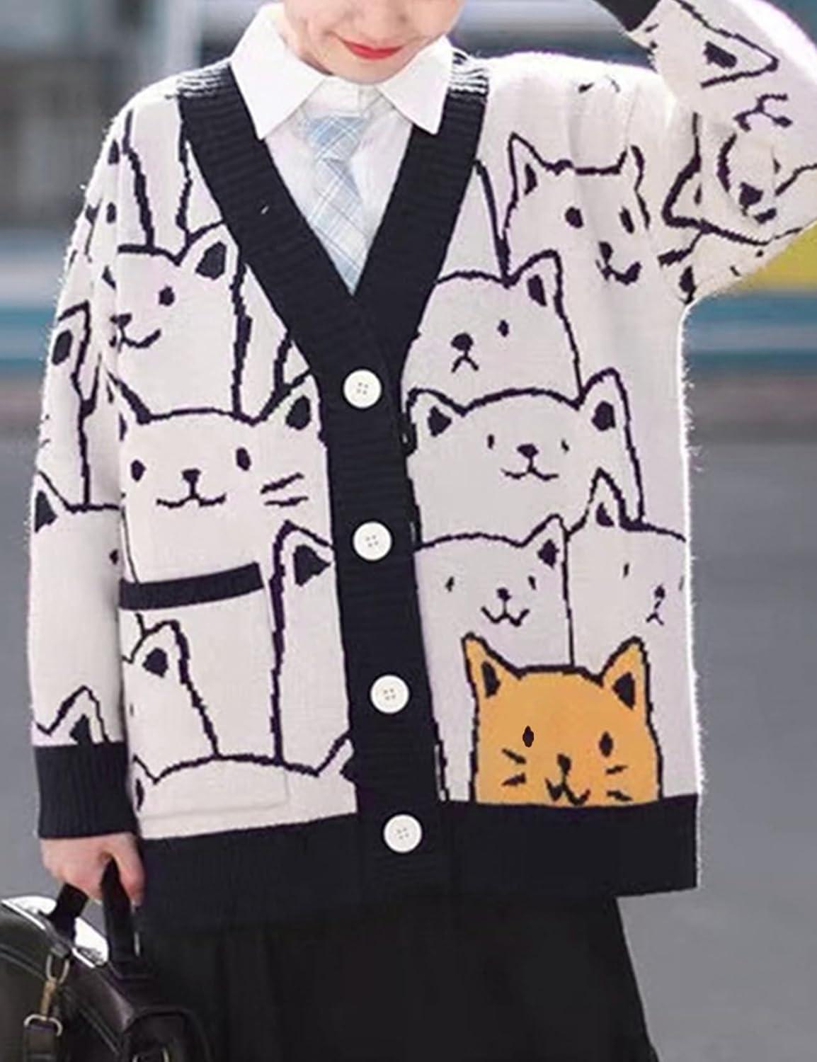 Arssm Cat Sweater for Women Oversized Button Down V Neck Knit Cardigan Cute Kawaii Cartoon Print Sweater Fall Clothes(Black)