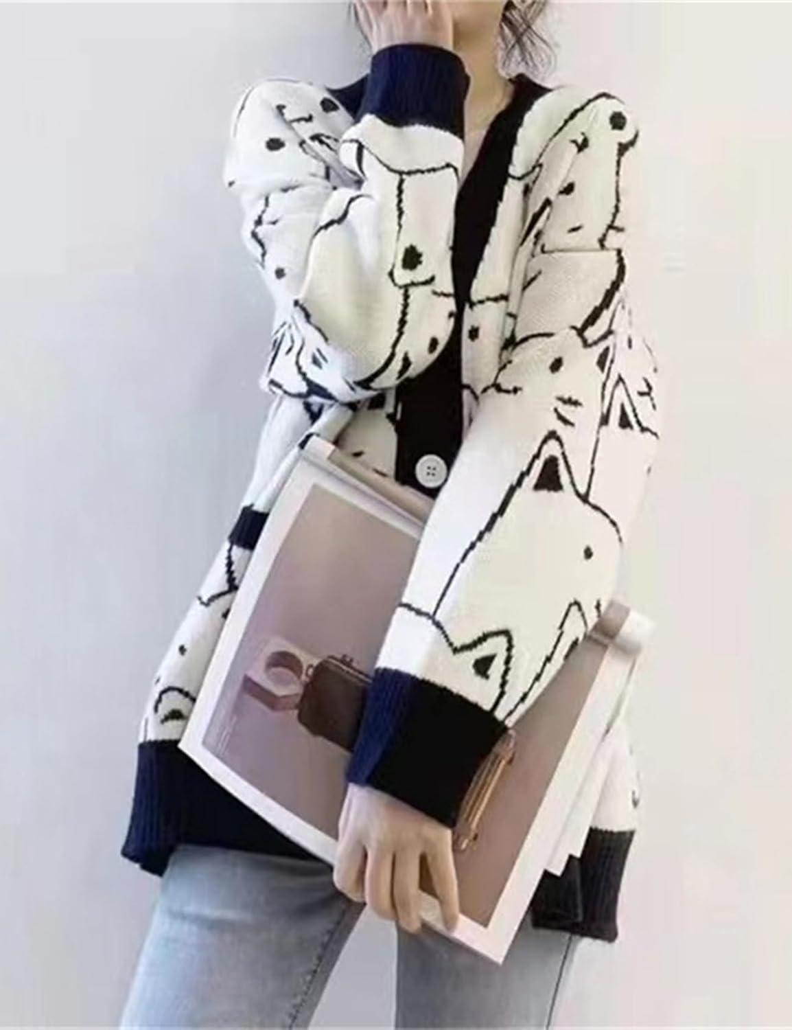 Arssm Cat Sweater for Women Oversized Button Down V Neck Knit Cardigan Cute Kawaii Cartoon Print Sweater Fall Clothes(Black)