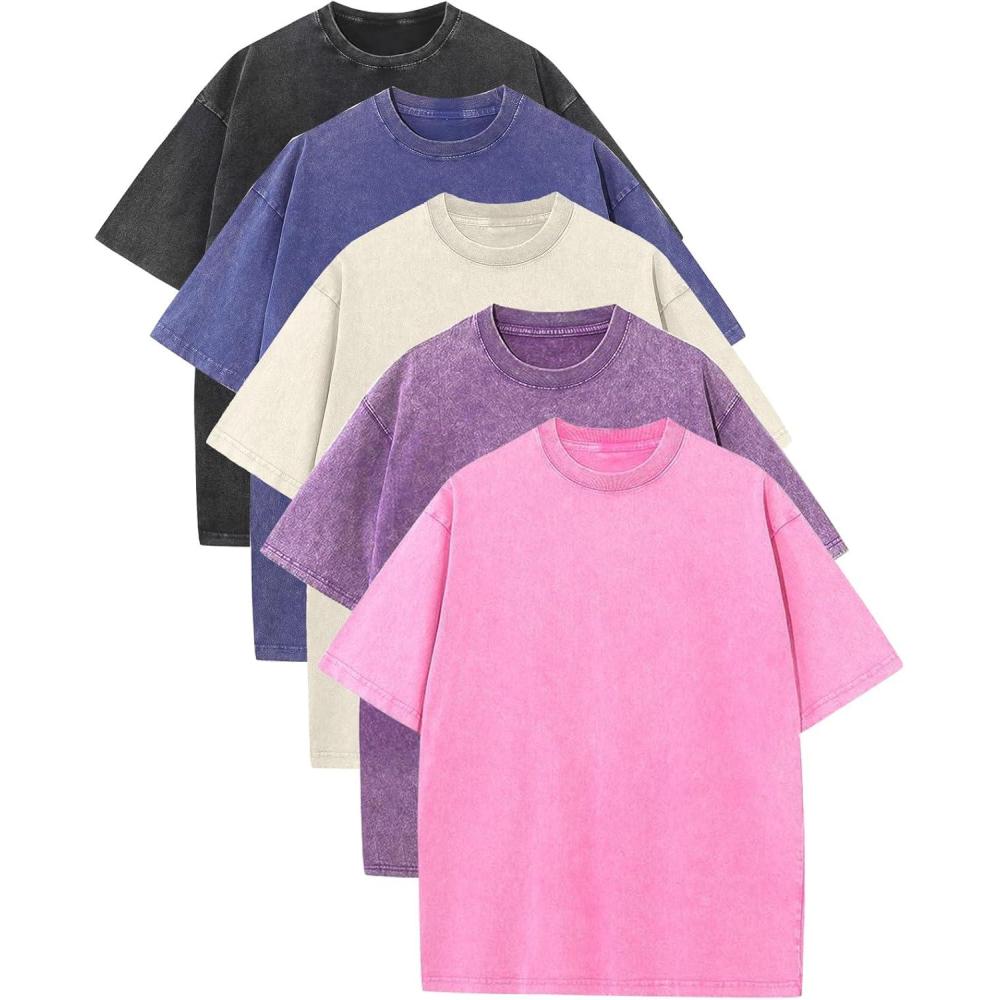 Arssm Mens Oversized T Shirts Cotton Acid Wash Baggy Tees Loose Fit Vintage Heavyweight T-Shirts(Black+pink+purple+blue+beige)