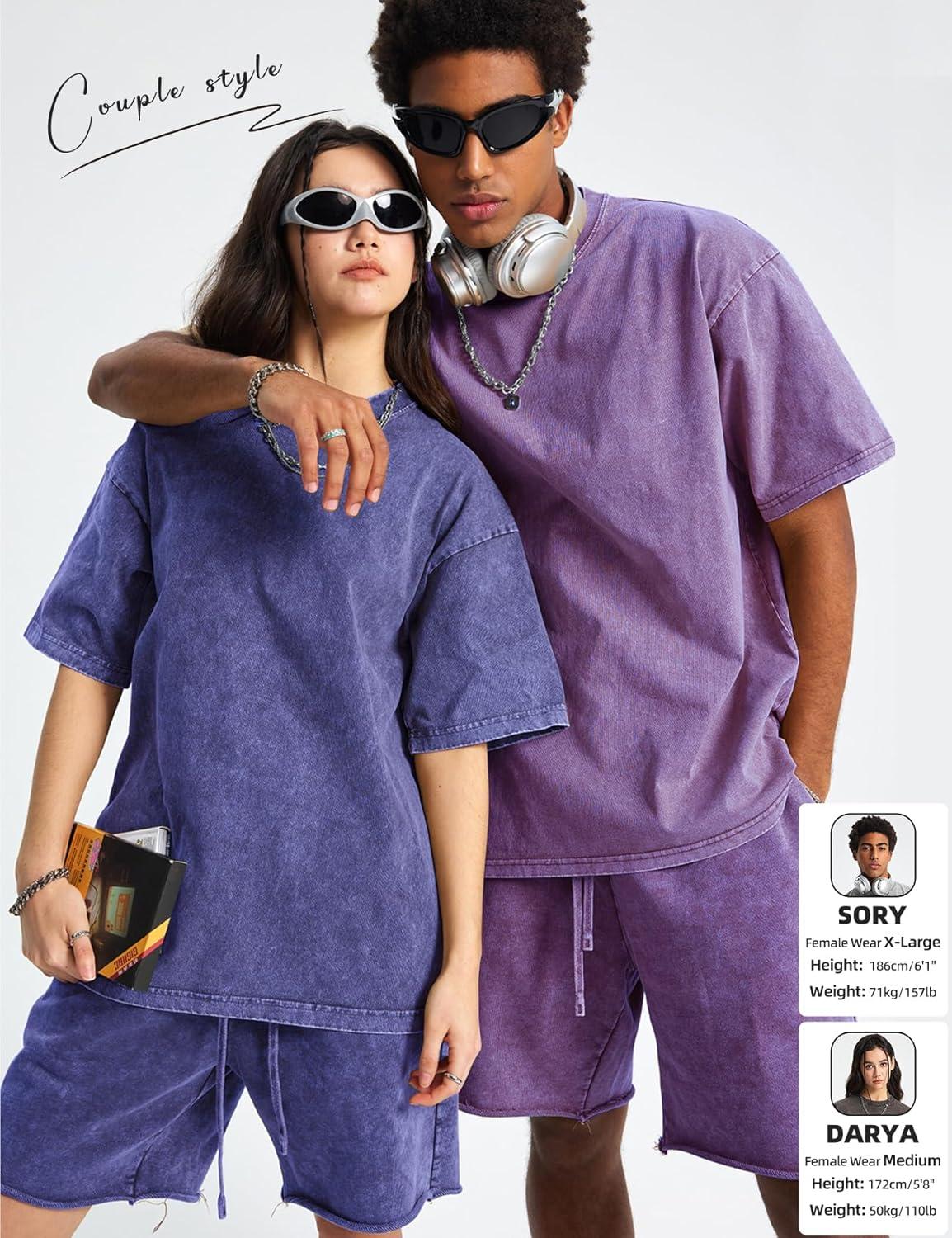 Arssm Mens Oversized T Shirts Cotton Acid Wash Baggy Tees Loose Fit Vintage Heavyweight T-Shirts(Black+pink+purple+blue+beige)