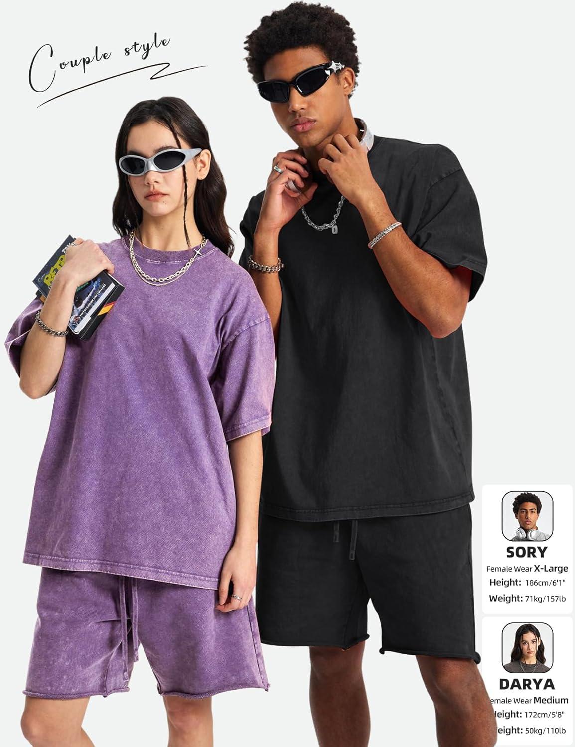 Arssm Mens Oversized T Shirts Cotton Acid Wash Baggy Tees Loose Fit Vintage Heavyweight T-Shirts(Black+pink+purple+blue+beige)