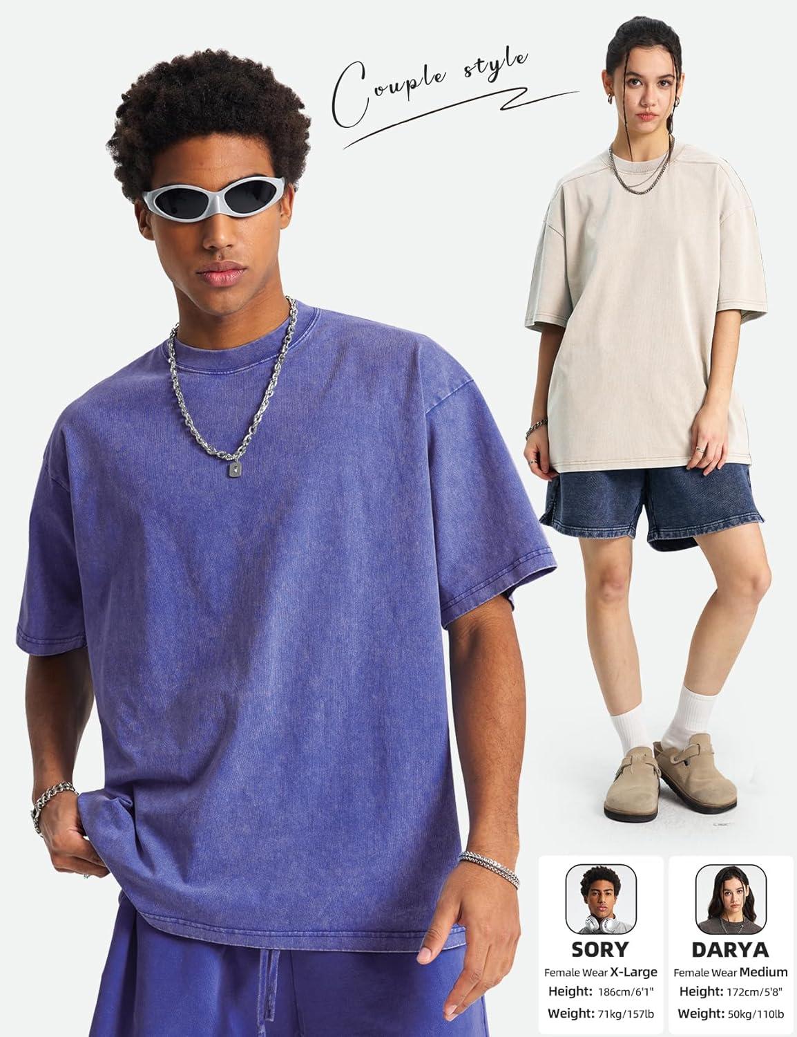 Arssm Mens Oversized T Shirts Cotton Acid Wash Baggy Tees Loose Fit Vintage Heavyweight T-Shirts(Black+pink+purple+blue+beige)