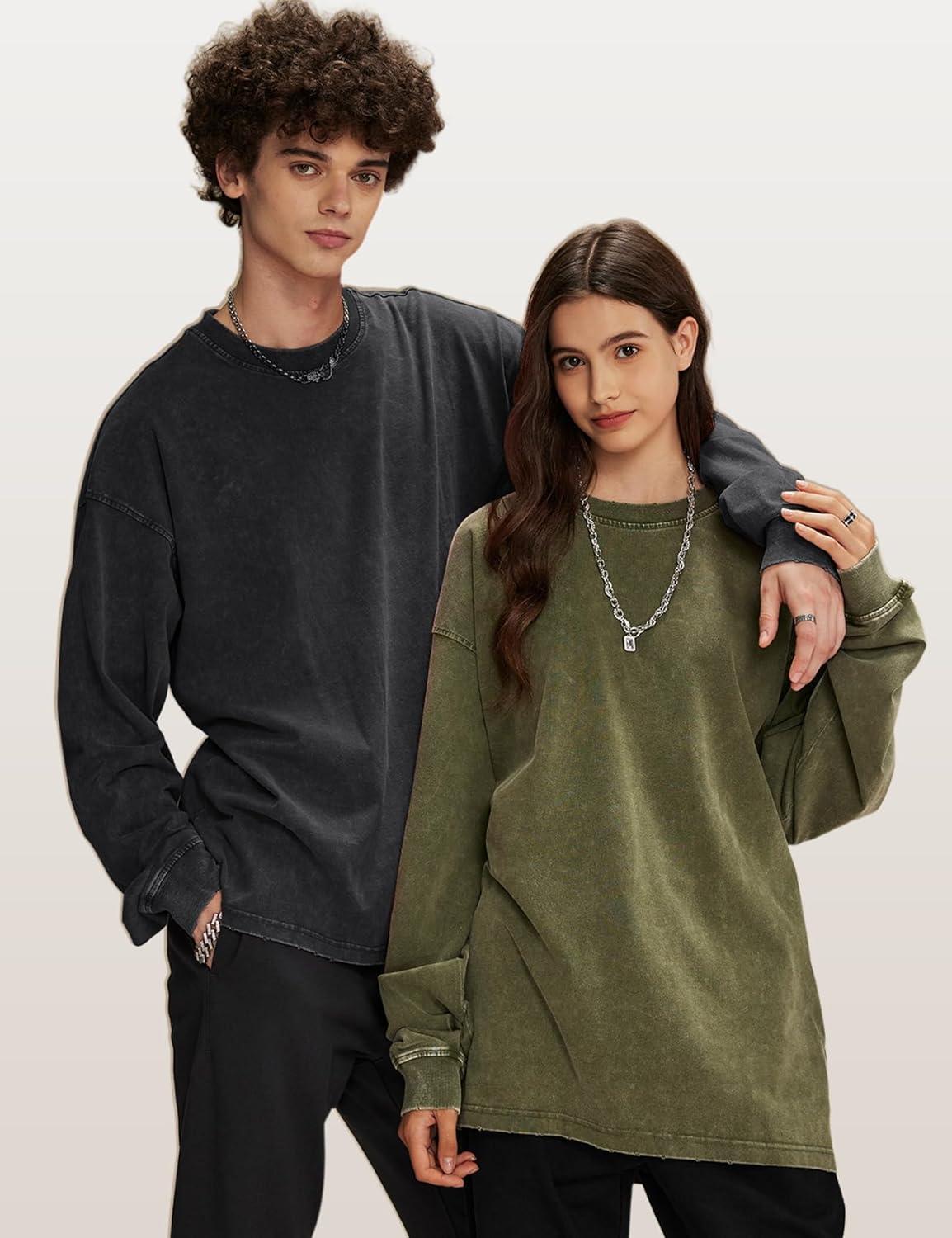 Arssm Mens Oversized T-Shirts Cotton Long Sleeve Tshirts Vintage Acid Wash Baggy Tees(Black+beige+army)