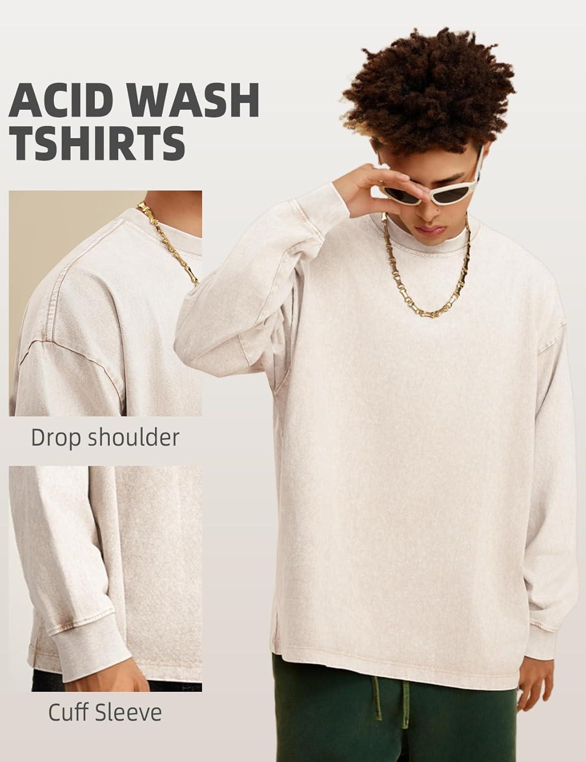 Arssm Mens Oversized T-Shirts Cotton Long Sleeve Tshirts Vintage Acid Wash Baggy Tees(Black+beige+army)