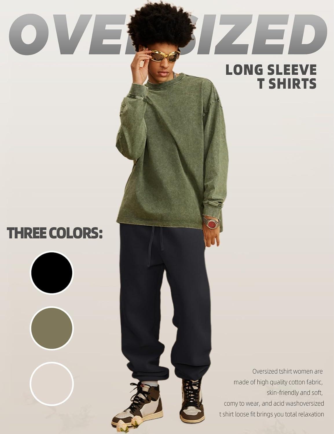 Arssm Mens Oversized T-Shirts Cotton Long Sleeve Tshirts Vintage Acid Wash Baggy Tees(Black+beige+army)