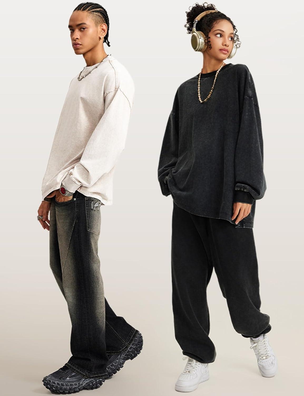 Arssm Mens Oversized T-Shirts Cotton Long Sleeve Tshirts Vintage Acid Wash Baggy Tees(Black+beige+army)