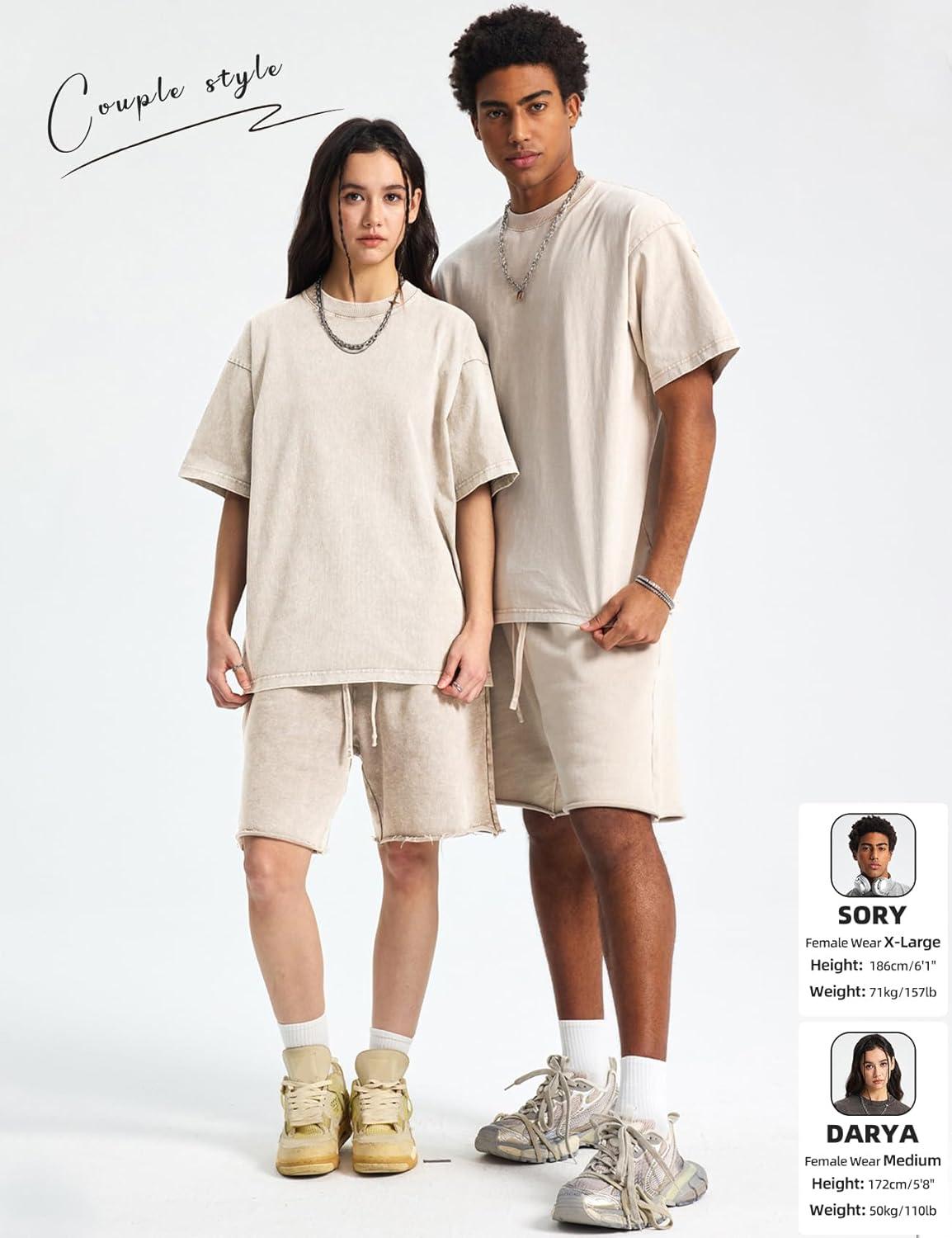 Arssm Mens Oversized T Shirts Cotton Acid Wash Baggy Tees Loose Fit Vintage Heavyweight T-Shirts(Beige)
