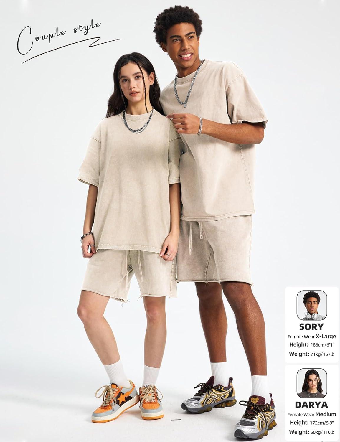 Arssm Mens Oversized T Shirts Cotton Acid Wash Baggy Tees Loose Fit Vintage Heavyweight T-Shirts(Beige)