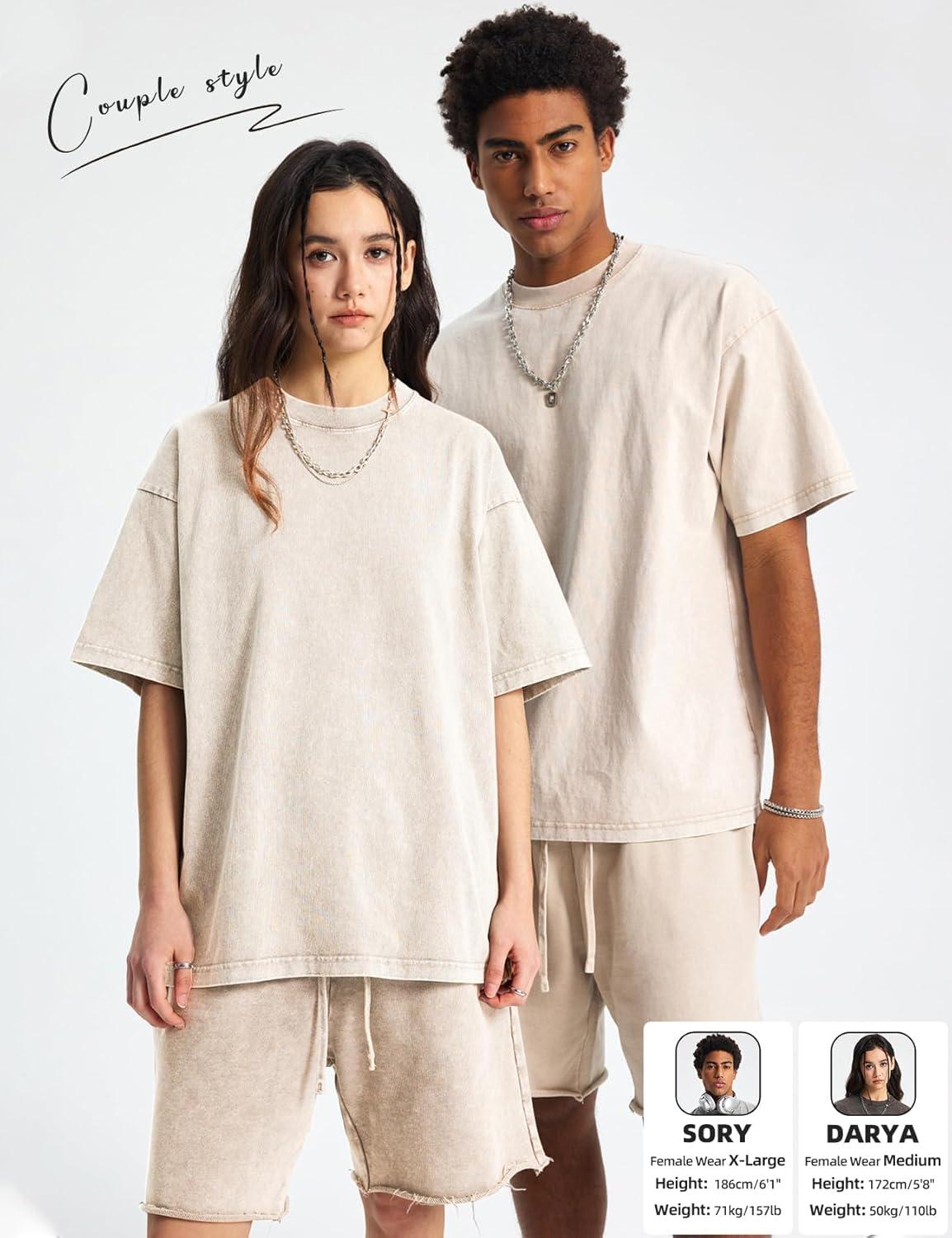Arssm Mens Oversized T Shirts Cotton Acid Wash Baggy Tees Loose Fit Vintage Heavyweight T-Shirts(Beige)