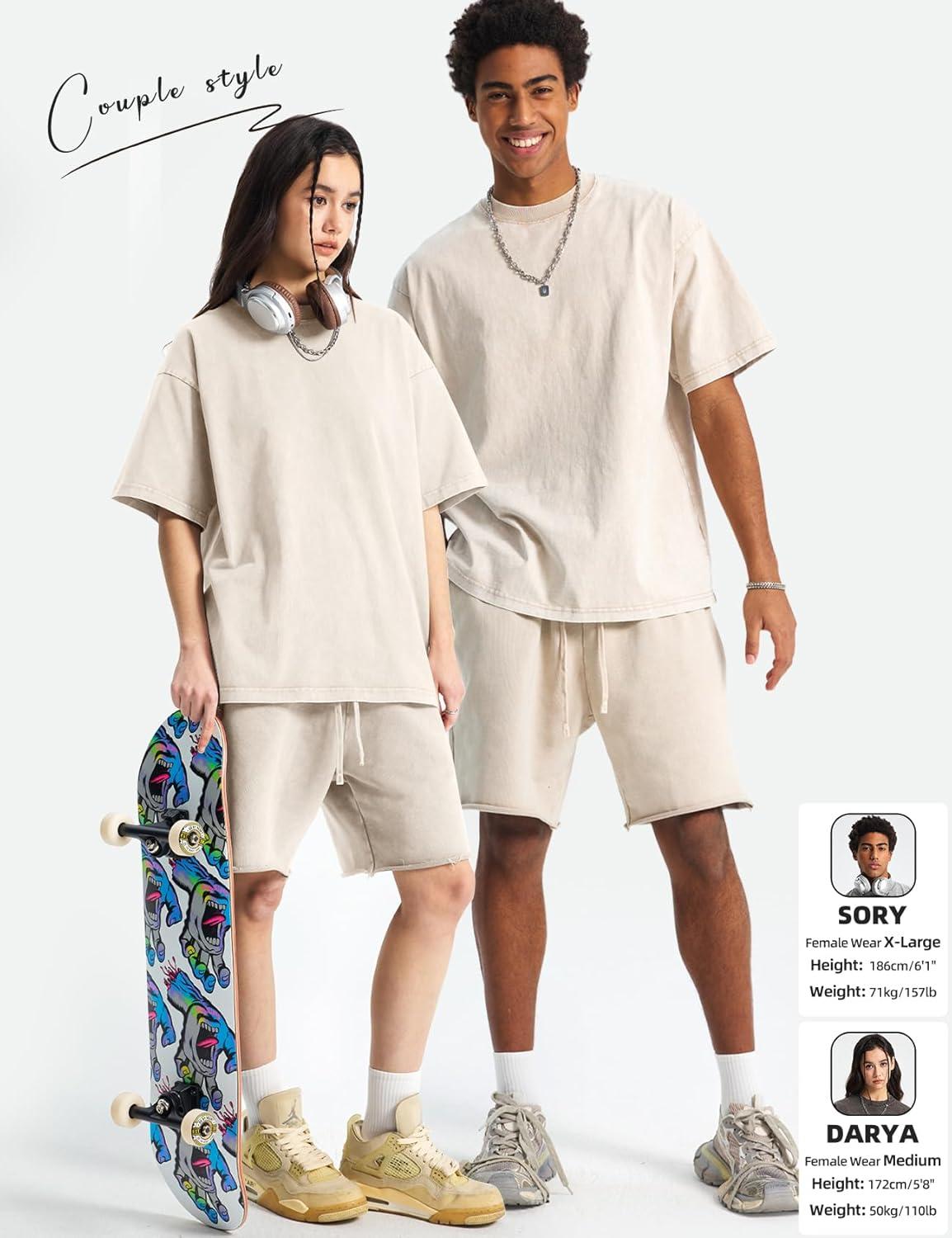 Arssm Mens Oversized T Shirts Cotton Acid Wash Baggy Tees Loose Fit Vintage Heavyweight T-Shirts(Beige)