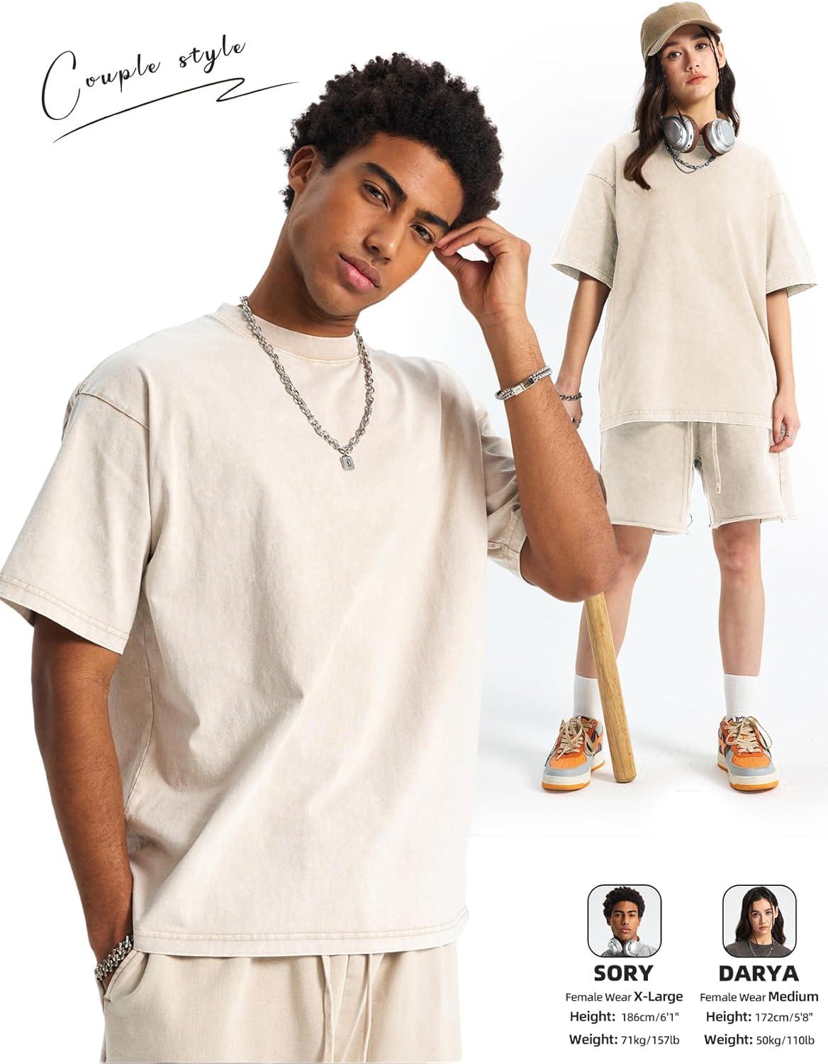 Arssm Mens Oversized T Shirts Cotton Acid Wash Baggy Tees Loose Fit Vintage Heavyweight T-Shirts(Beige)