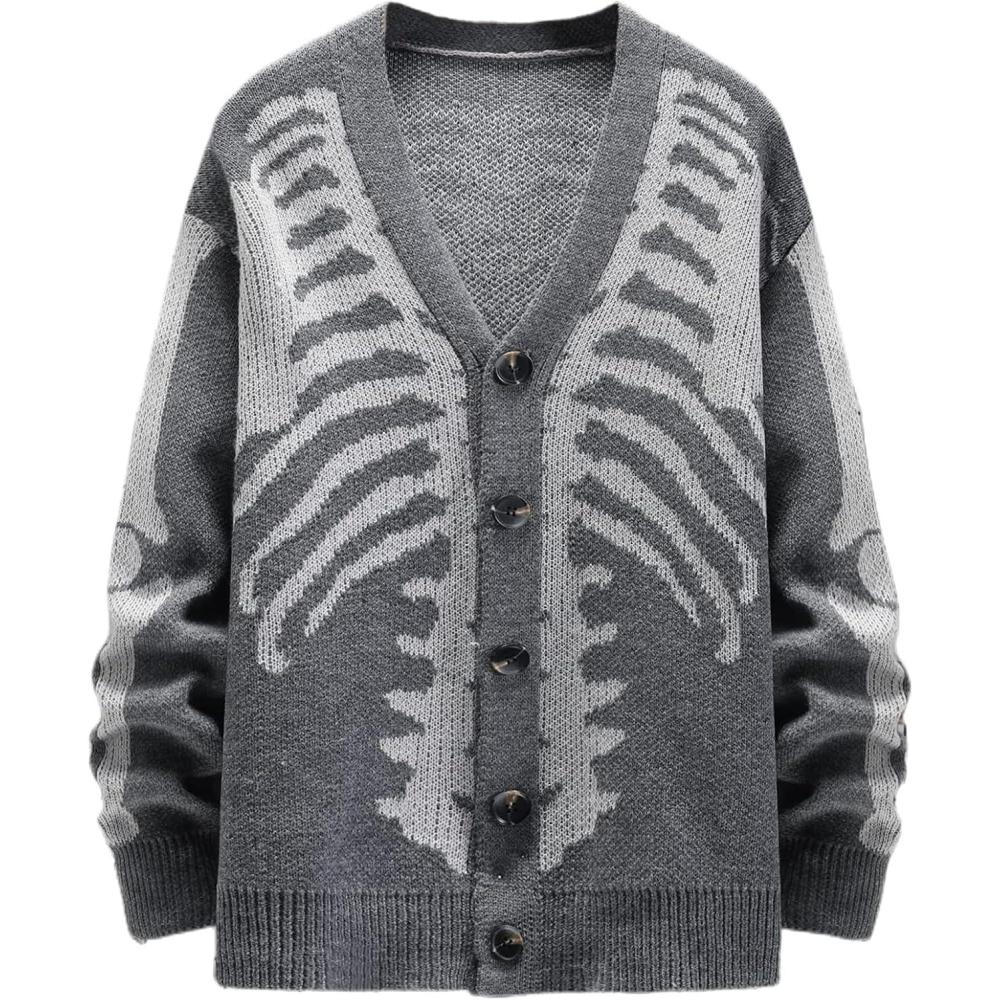Arssm Men Skeleton Cardigan Sweater Oversized Fall Graphic Long Sleeve Knit Y2K Button Down V Neck Sweater Outwear(Grey)