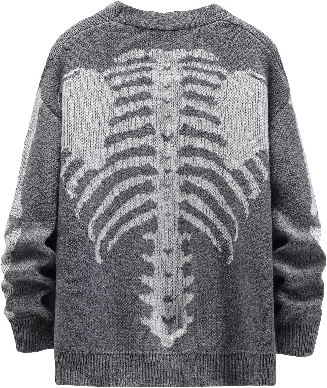 Arssm Men Skeleton Cardigan Sweater Oversized Fall Graphic Long Sleeve Knit Y2K Button Down V Neck Sweater Outwear(Grey)