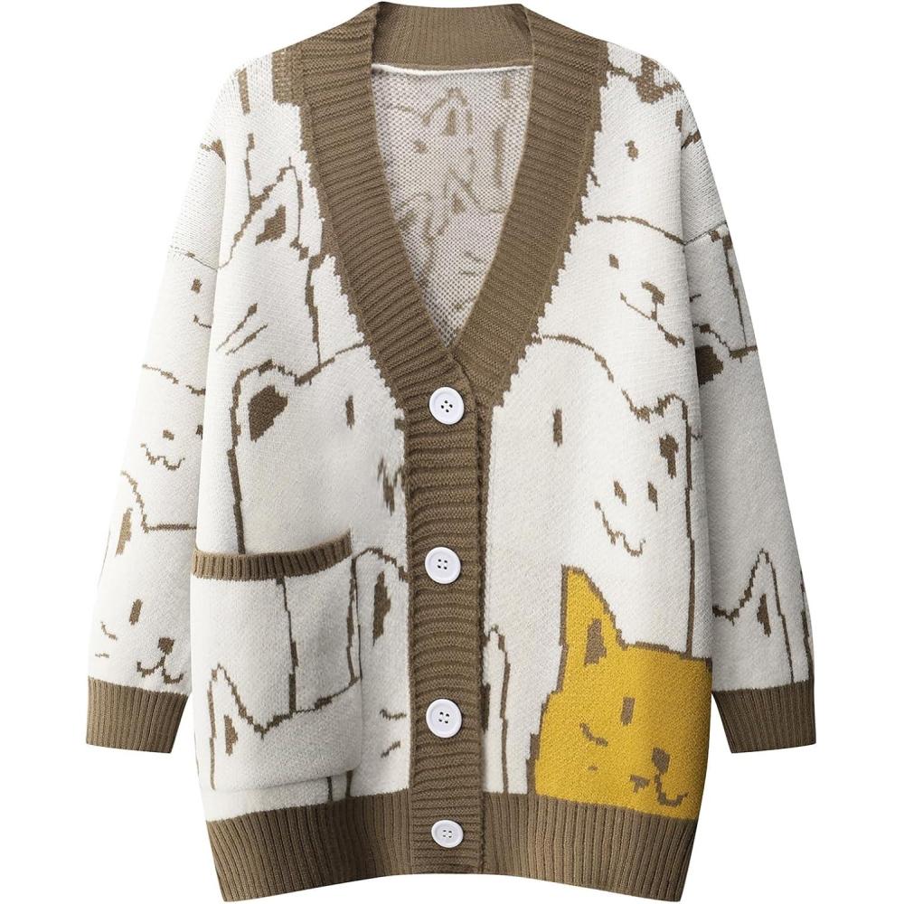 Arssm Cat Sweater for Women Oversized Button Down V Neck Knit Cardigan Cute Kawaii Cartoon Print Sweater Fall Clothes(Coffee)