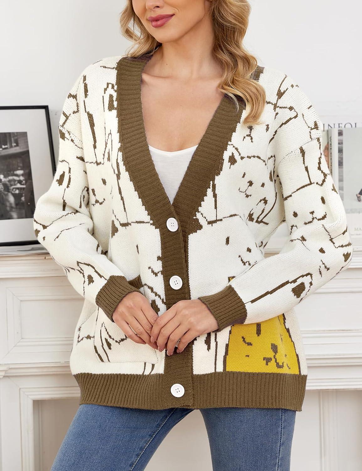 Arssm Cat Sweater for Women Oversized Button Down V Neck Knit Cardigan Cute Kawaii Cartoon Print Sweater Fall Clothes(Coffee)